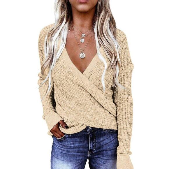 Women's Elegant Deep V Neck Apricot Wrap Long Sleeve Sweaters - Picture 1 of 5